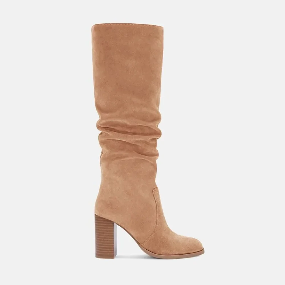 Women's Light Khaki Chunky High Heel Square Zipper Wide Calf Knee High Boots